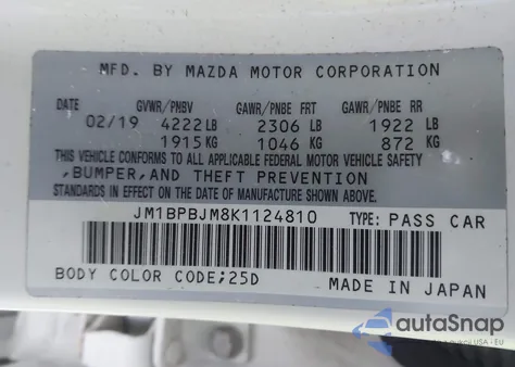 2019 Mazda Mazda3 z USA, uszkodzony, nr VIN JM1BPBJM8K1124810